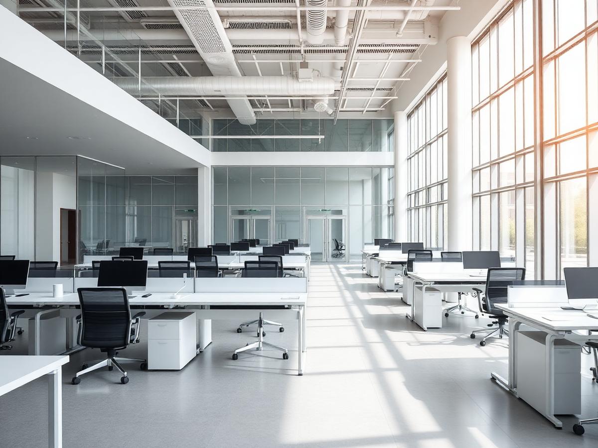 Spotless open-plan office interior cleaned before the working day