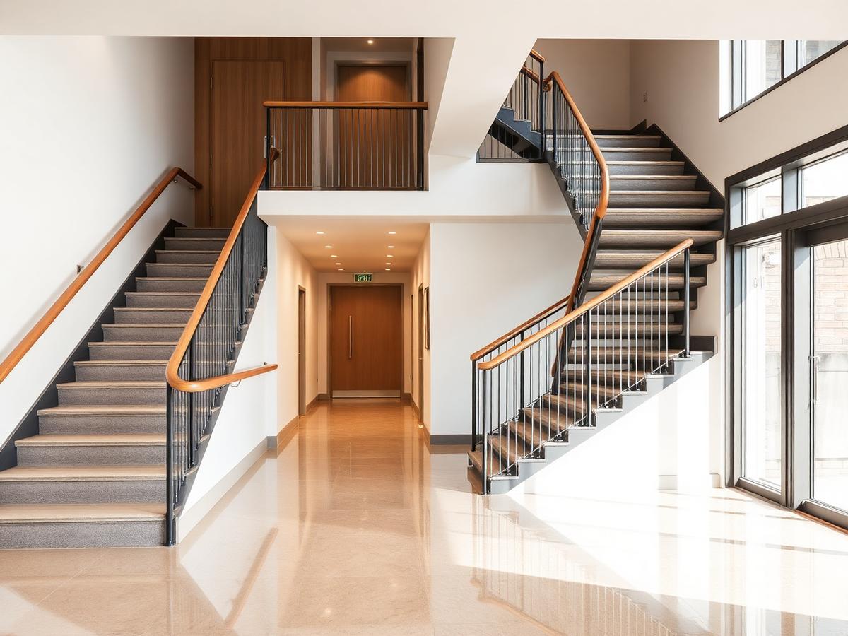 Clean communal entrance hallway and staircase in a residential apartment block