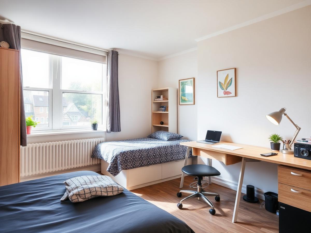 Freshly cleaned student bedroom and study desk in a shared Birmingham house